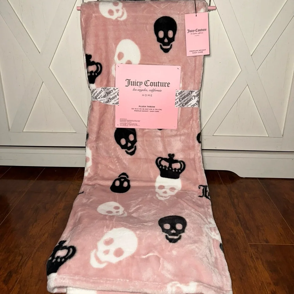 Juicy Couture Pink and Black Skull Plush Throw Blanket